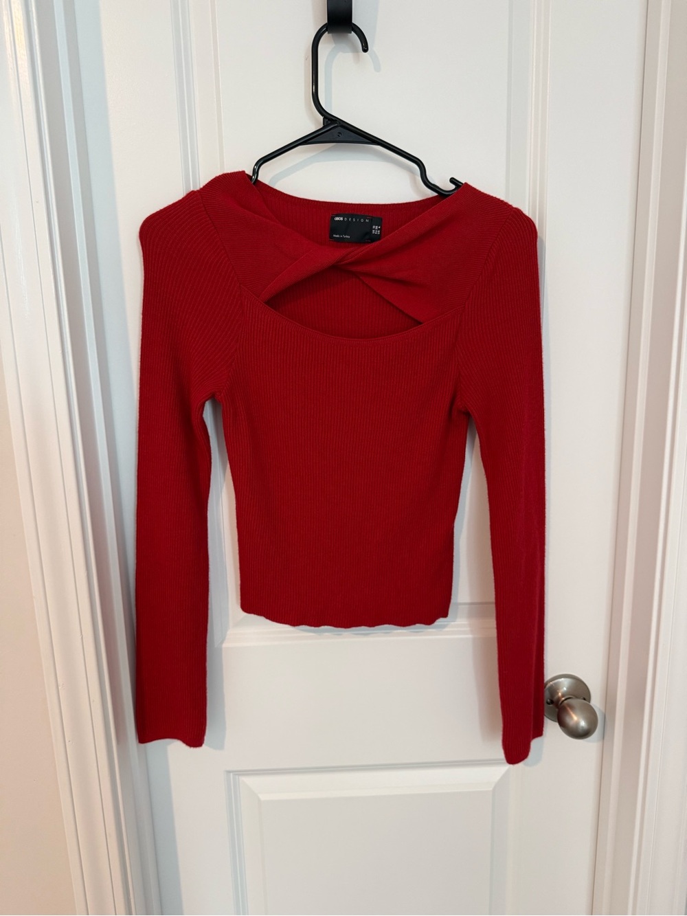 ASOS Red Ribbed Twist-Cut Long Sleeve Top